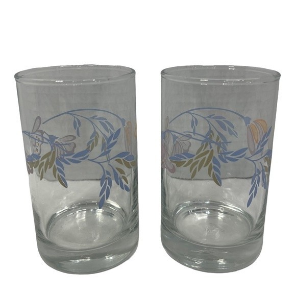 Vintage Libbey Crisa Floral Print Breakfast Juice Glasses Blue Pink 5 Oz 2 Set - Picture 3 of 11